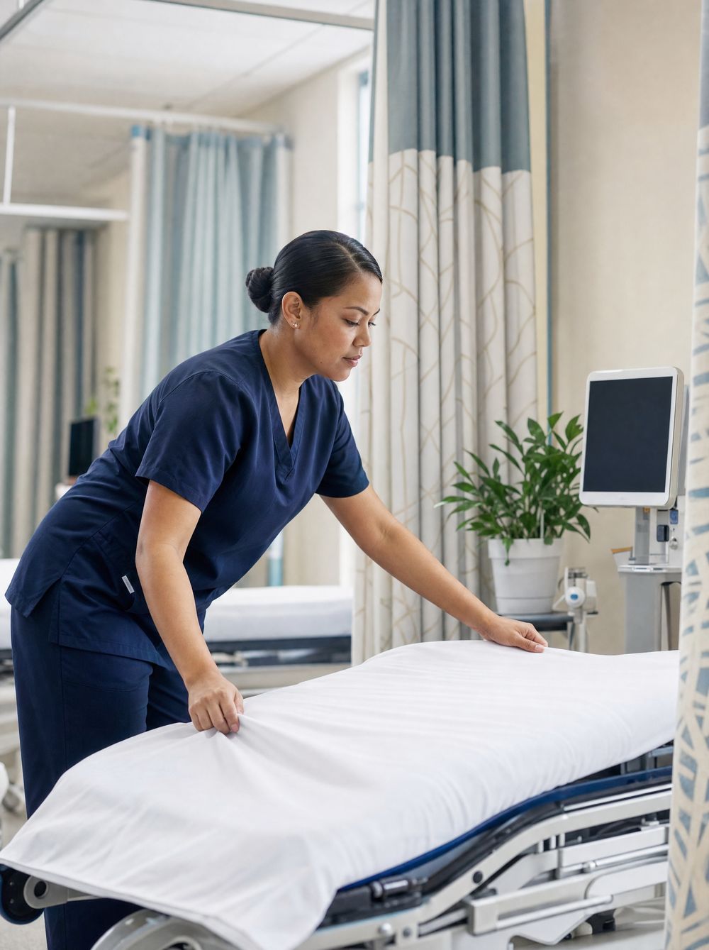 A nurse preparing a pre-op bay in an ambulatory surgery center
