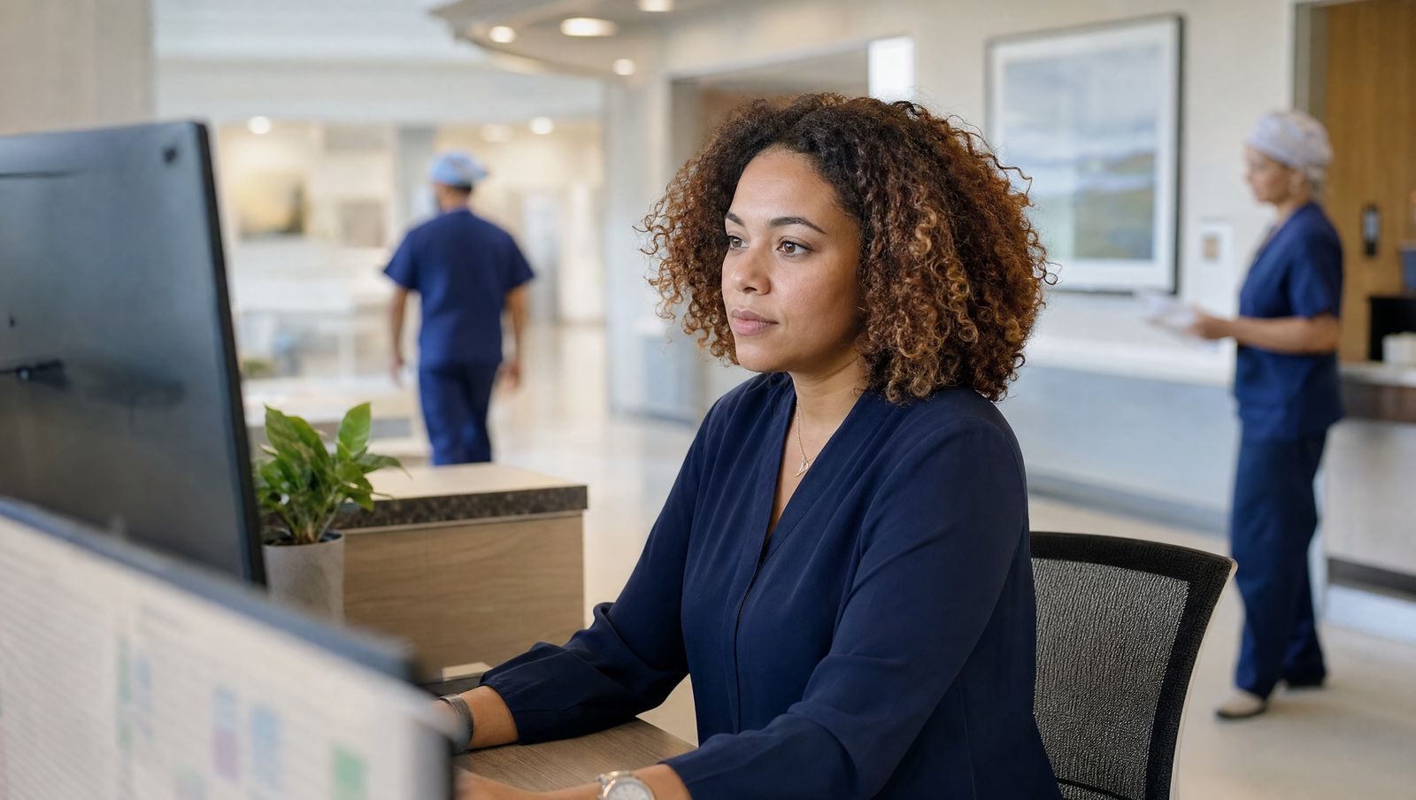 A surgery center scheduling coordinator checking the case schedule