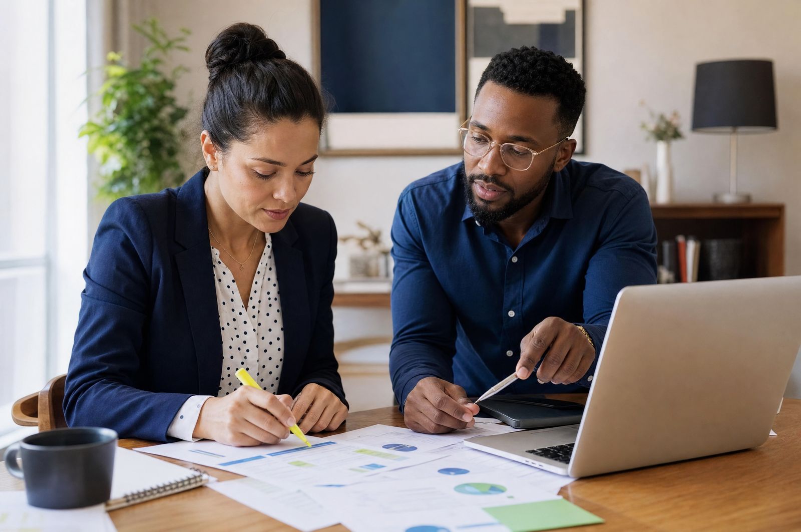 Two reviewers marking printed billing reports beside a laptop chart