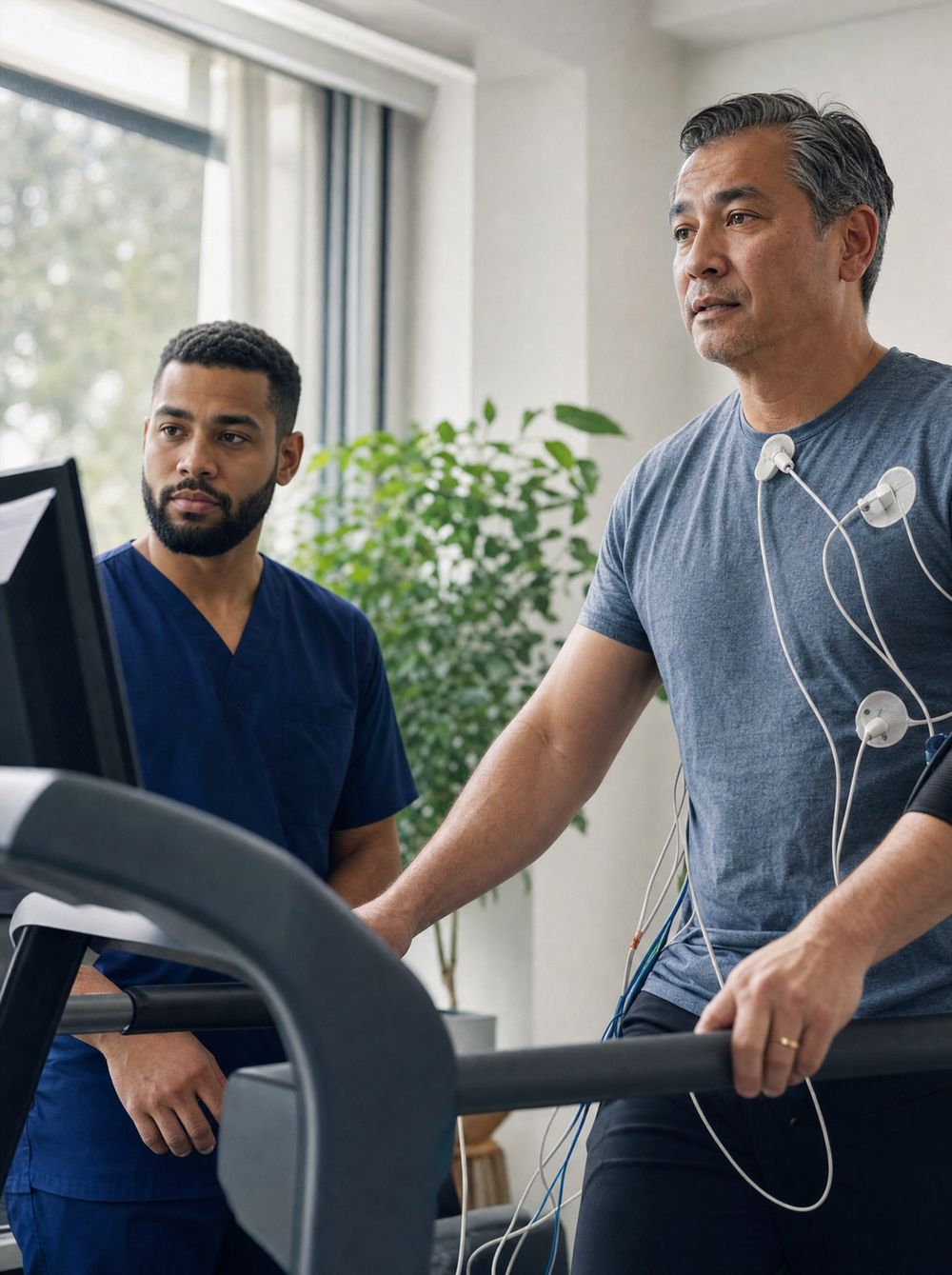 A patient on a treadmill stress test with a technician watching the monitor