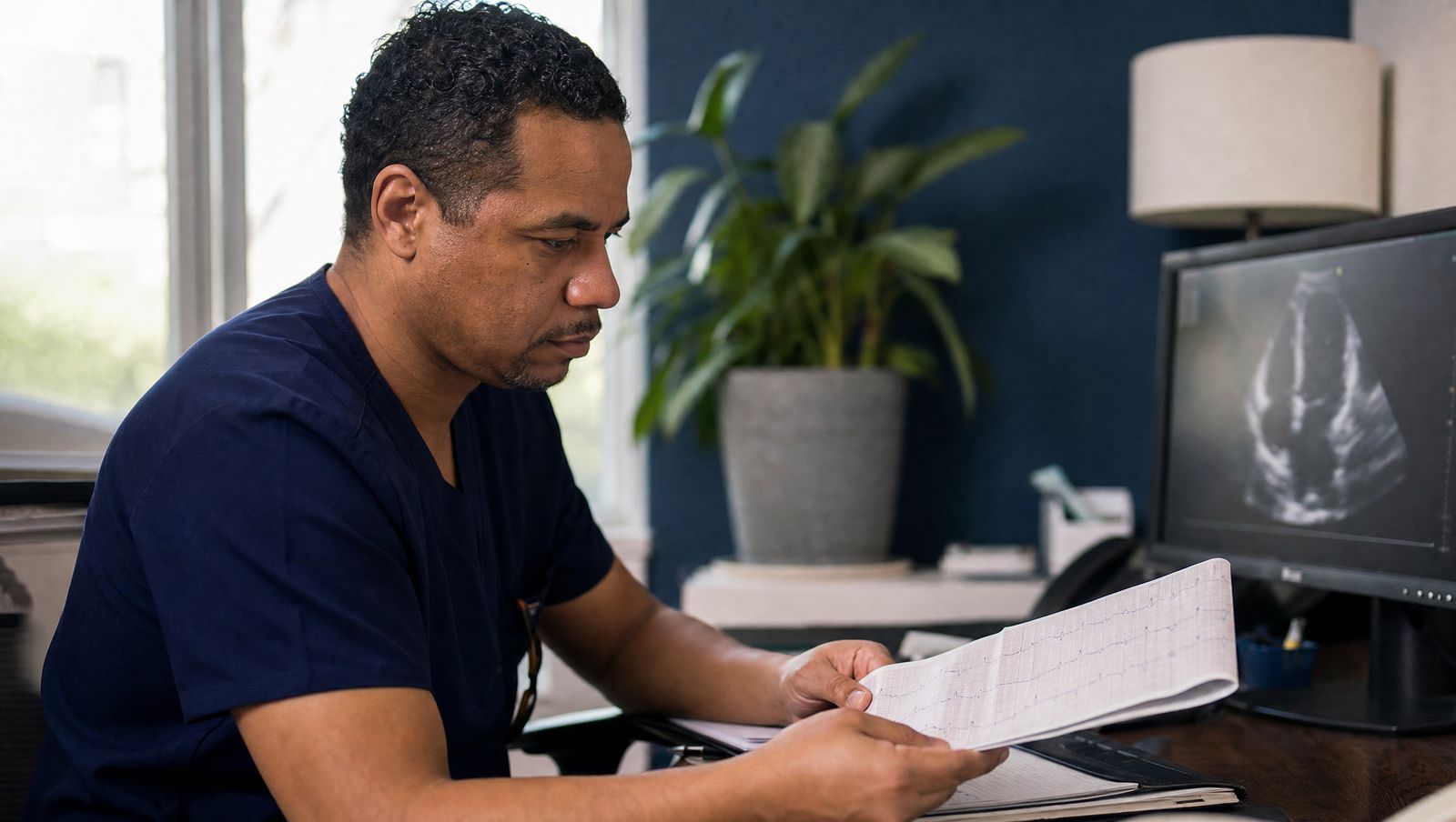 A cardiologist reviewing an ECG strip at his desk
