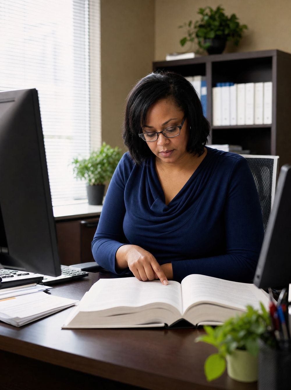 A medical coder checking a code book at her desk