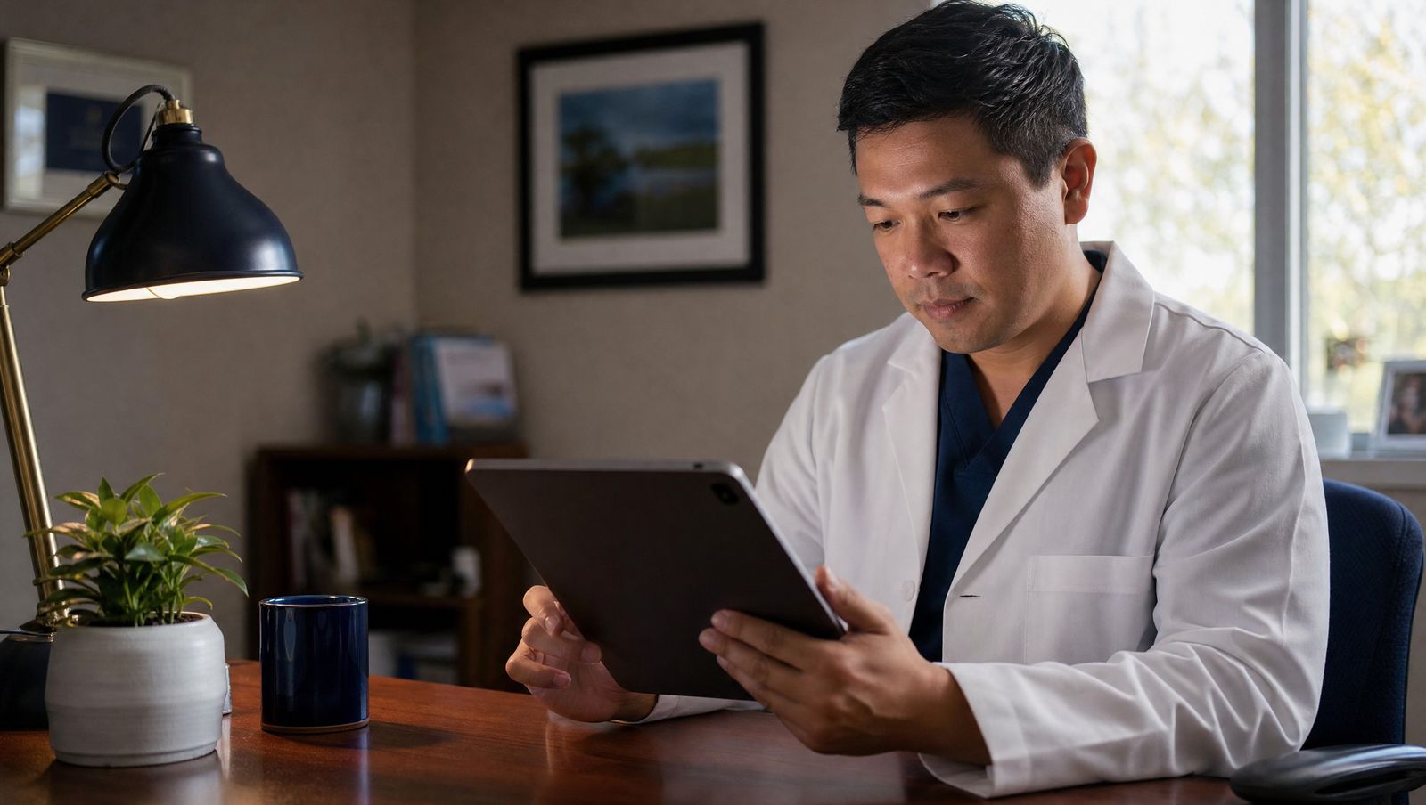 A physician reviewing visit notes on a tablet after clinic hours