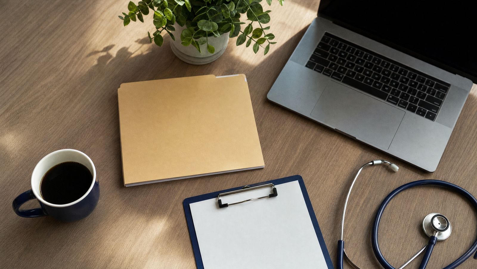 A desk with a folder, clipboard, laptop and stethoscope