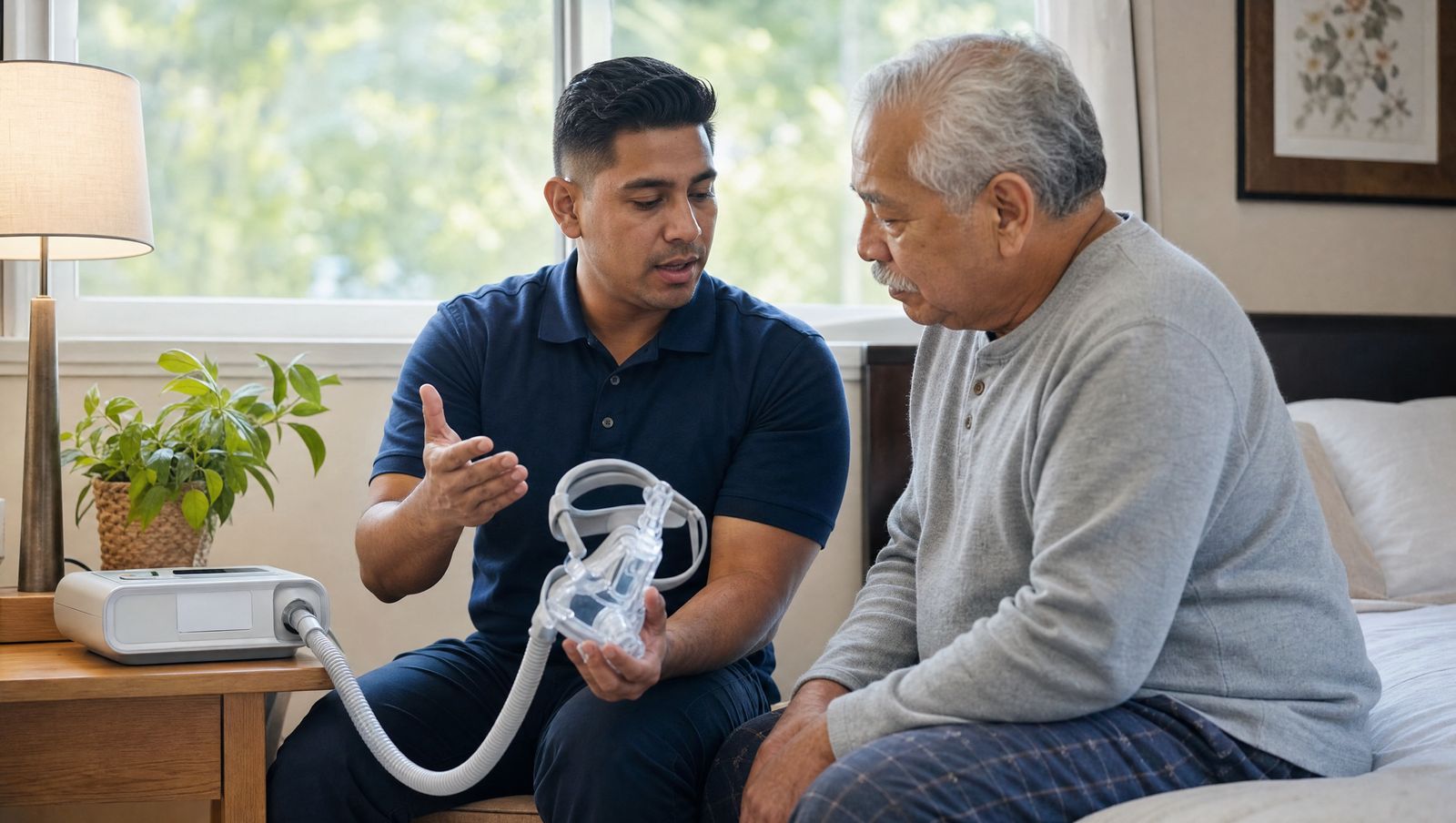 A technician setting up a CPAP machine for an older patient at home