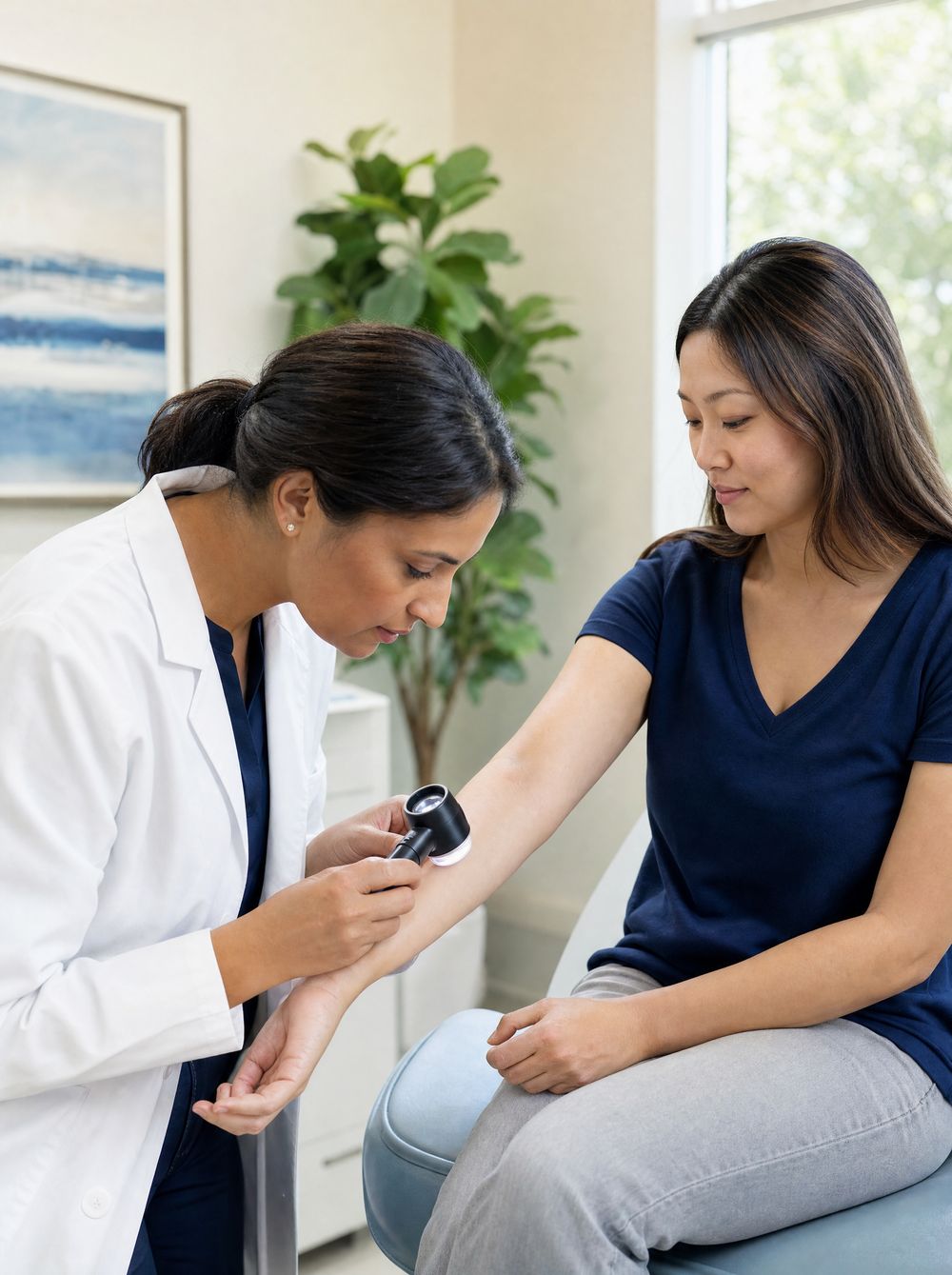 A dermatologist examining a patient\u2019s forearm with a dermatoscope