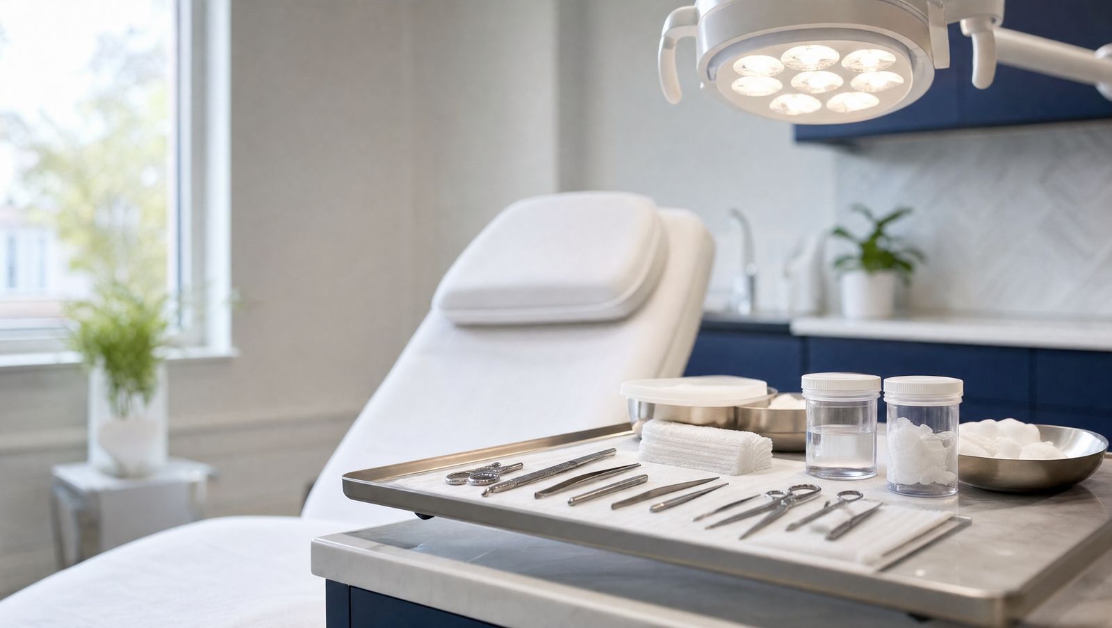 A prepared procedure tray in a dermatology exam room