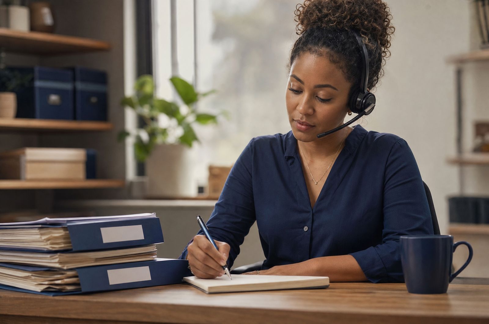A billing specialist on a phone call beside a stack of folders