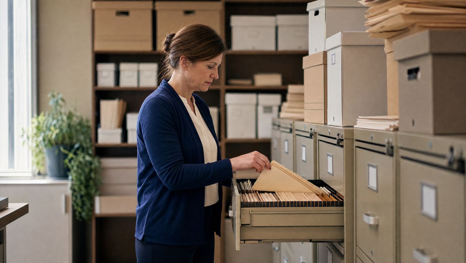 A staff member pulling a file from a back-office filing cabinet