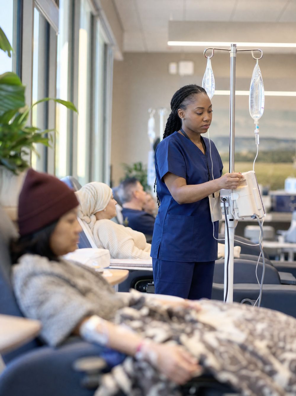 A nurse adjusting an infusion pump in an outpatient infusion suite