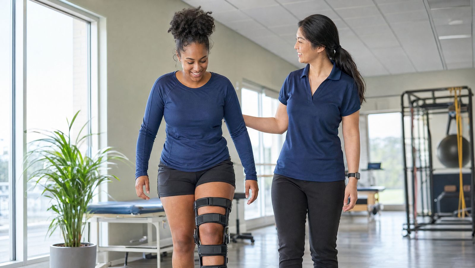 A patient in a knee brace walking with a physical therapist