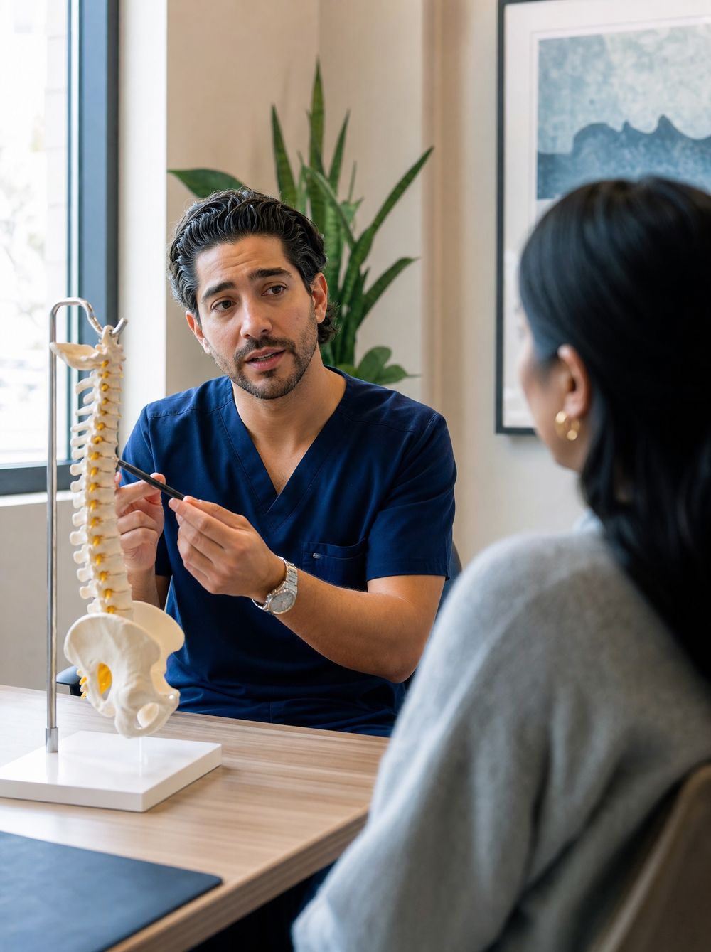 A pain management physician explaining a spine model to a patient