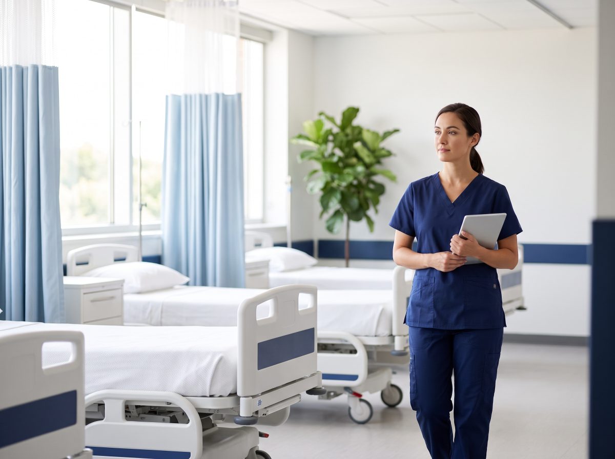 A nurse walking through a surgery center recovery area