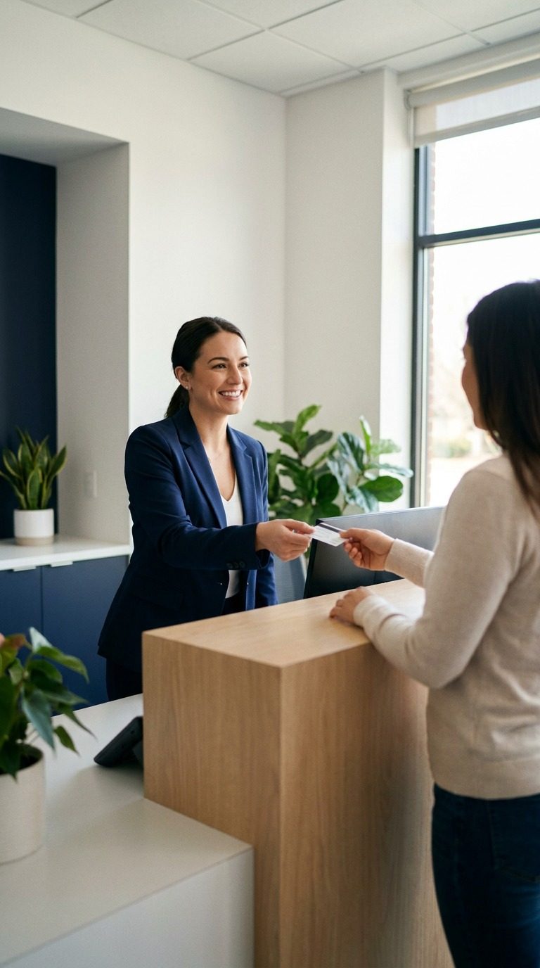 A front desk team member checking in a patient