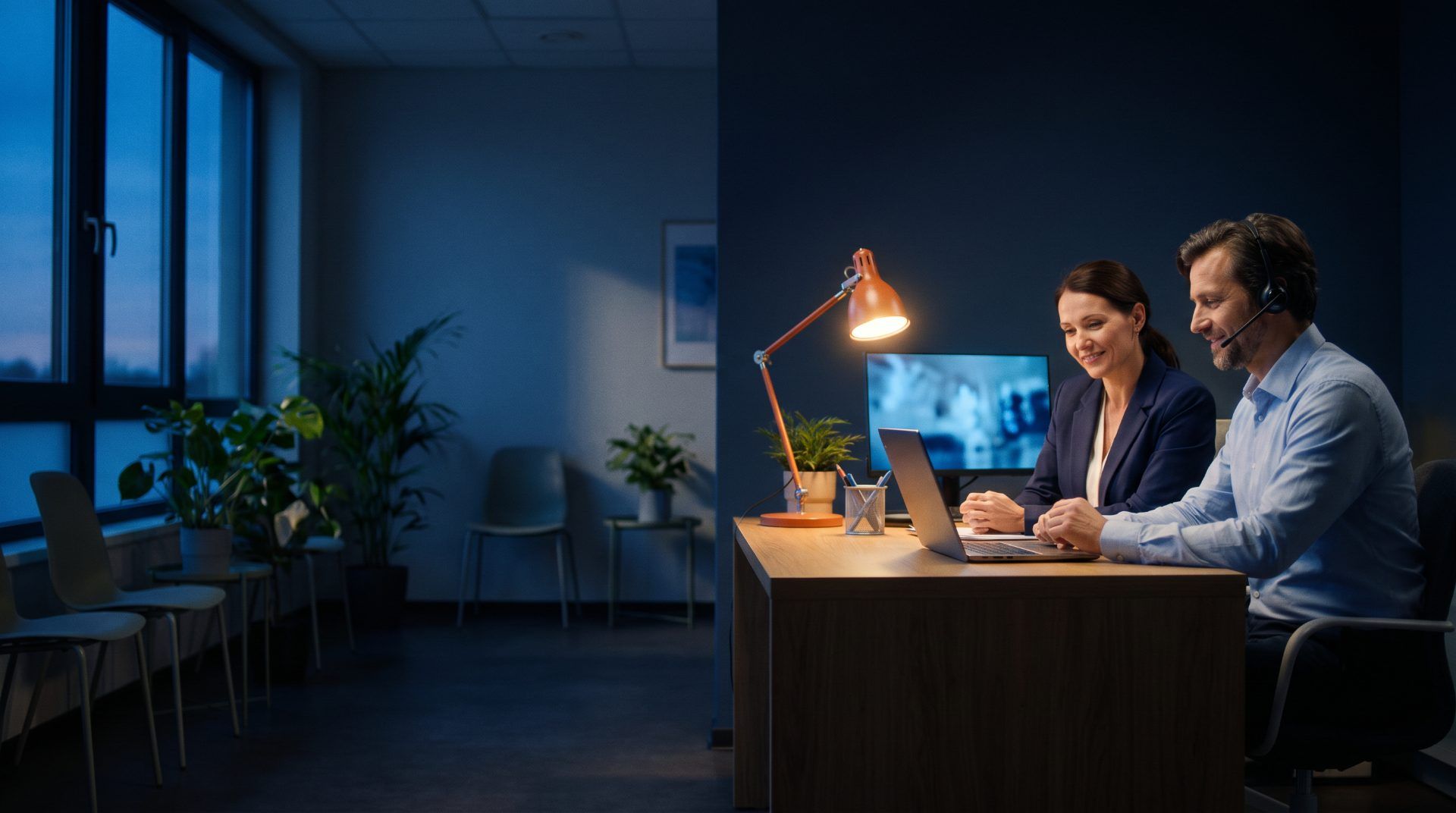 A practice manager and a billing specialist reviewing work together on a laptop