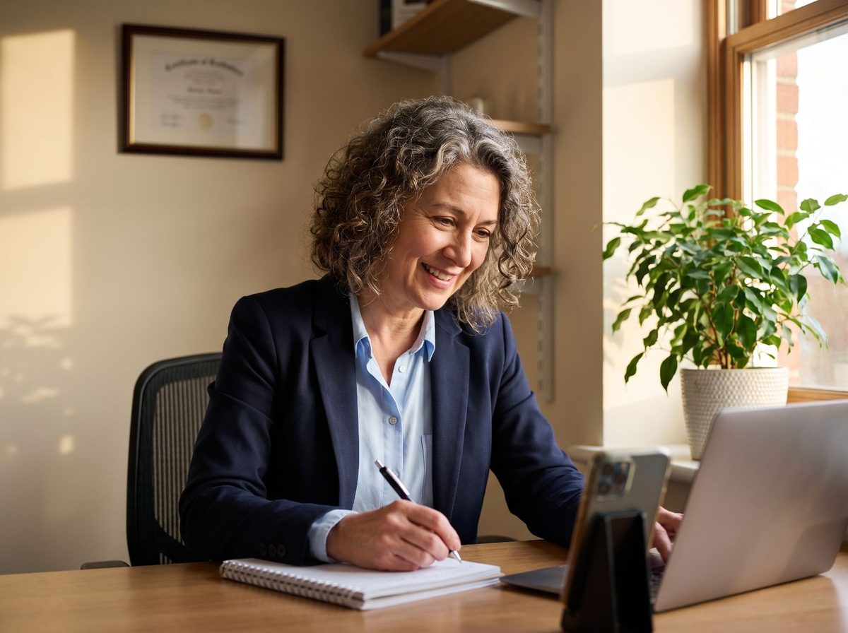 A practice owner taking notes during a video call