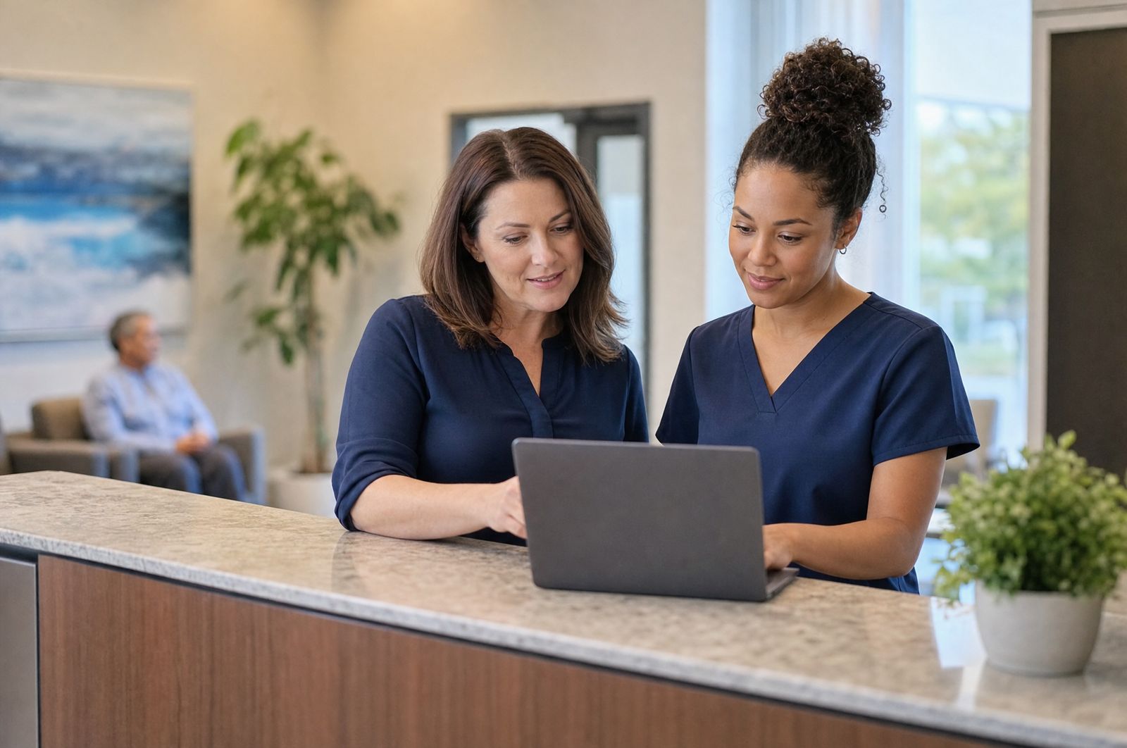 A practice manager and a revenue cycle specialist reviewing a laptop at a clinic front desk