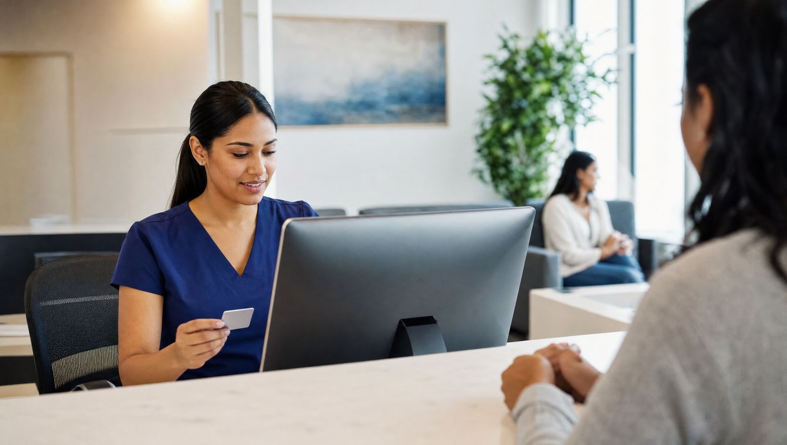 A front desk team member checking a patient insurance card at reception