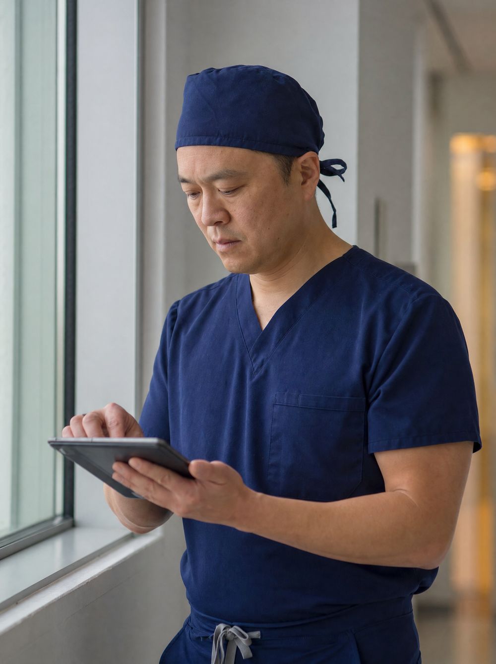 A thoracic surgeon in scrubs reviewing a tablet in a hospital corridor