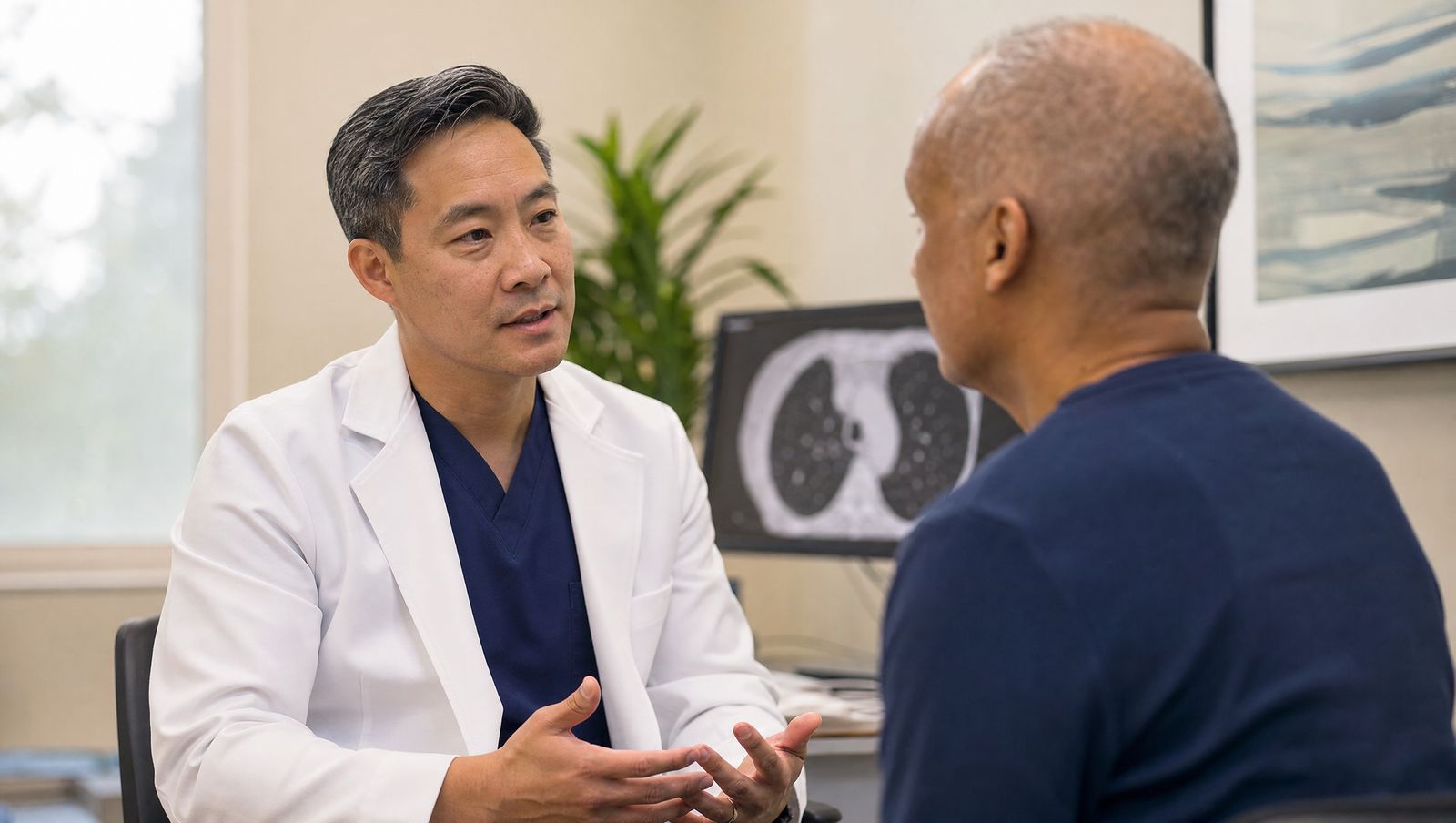 A surgeon consulting with a patient, a chest scan on the monitor behind them