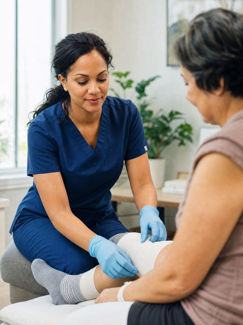 A wound care nurse securing a clean bandage on a patient\u2019s lower leg
