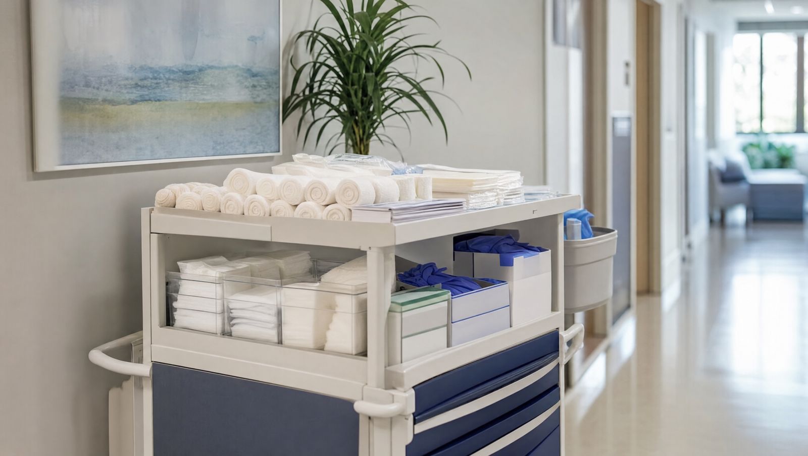 A wound care supply cart in a clinic hallway